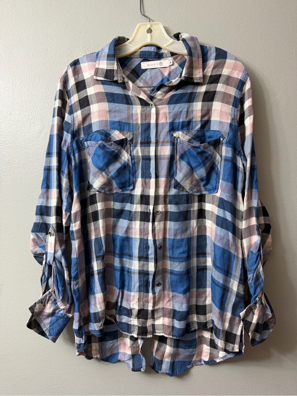 Billy T Blue Plaid Button down lyocell roll tab Shirt - Blue & White medium